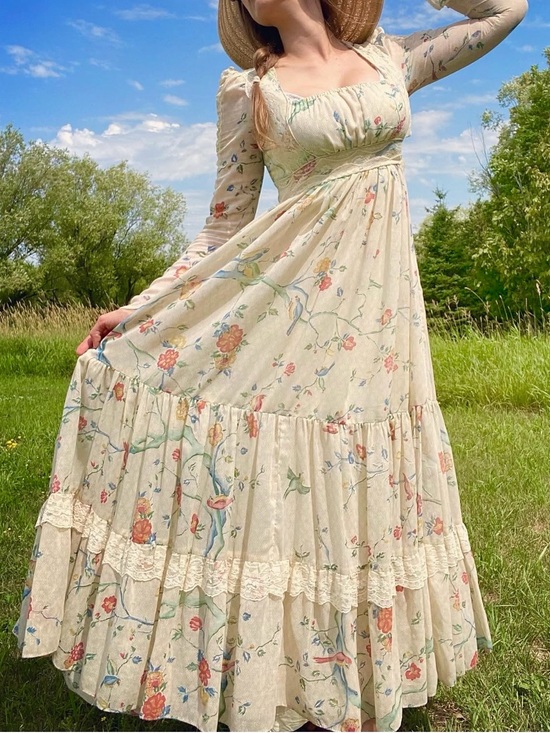 Gunne Sax Dresses & Skirts - Gunne Sax Vintage 1970’s Ivory Floral Bird Print Maxi Prairie Dress Size 9